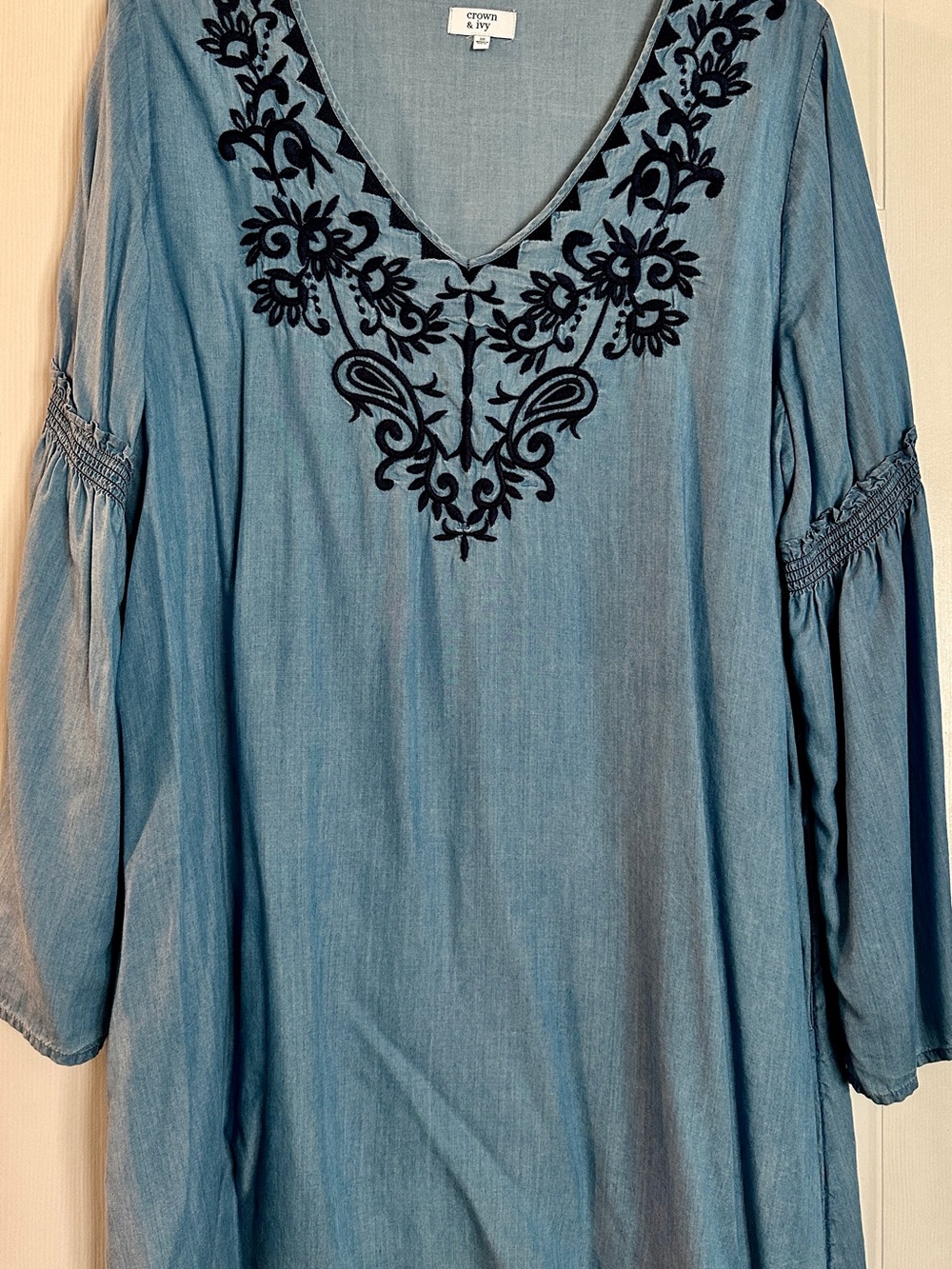 crown & ivy denim blue tunic with black embroidered V-neck